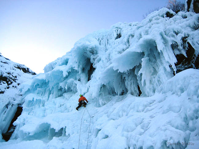 Climbing the wild ice on 'Medusa', Wi4, on the Gaspe' Peninsula, Canada. (Photo by MtnRkr)