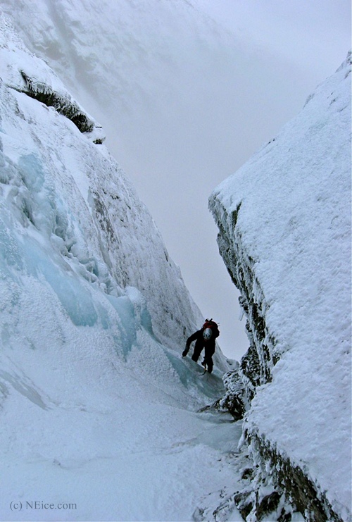Mike Garity on an icy Pinnacle Gully, Huntington Ravine, Mt. Washington NH - Alan Cattabriga