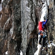 Matty Bowman on the wet and thin Black Dike Traverse. 2-23-17