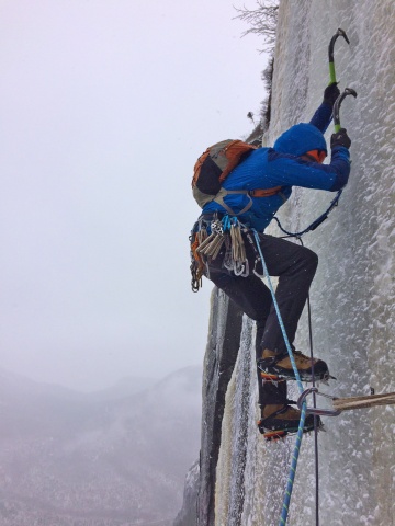 Ryan Stefiuk heads up the crux headwall on "Retour des Crapauds"(Return of the Toads) WI5 on the Mur des Crapauds Wall.