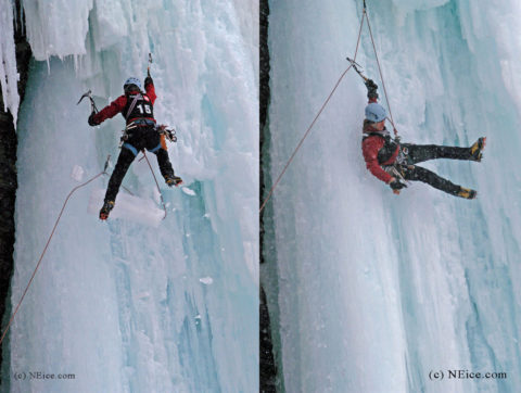 Guy Lacelle takes a lead fall during a competition at Festiglace in Quebec. A block of ice unexpectedly caught his rope.