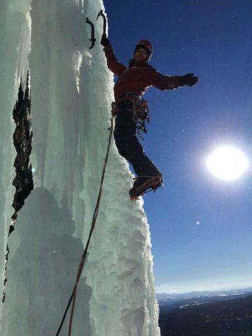 Shawn Bunnell enjoying the start of the crux pillar on China Shop (WI5+) on a recent cold sunny day at Lake Willoughby in Vermont.