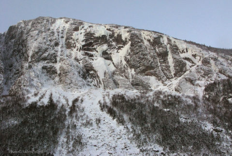 The Cholesterol Wall, a steep wall that is host to a collection of big world-class ice and mixed climbing routes at Newfoundland's Ten Mile Pond.