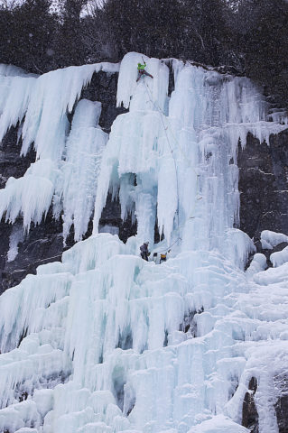 Canadian hardman Yan Mongrain leading out the top pitch of "Mindbender"(WI5+) in good conditions at Lake Willoughby in Vermont.