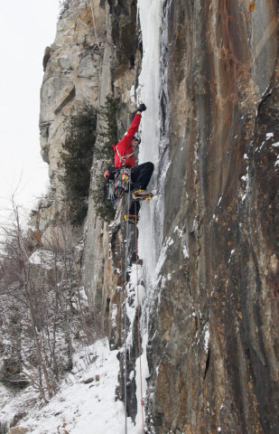Alden Pellett on the crux,WI6 R/X, during the first ascent of 