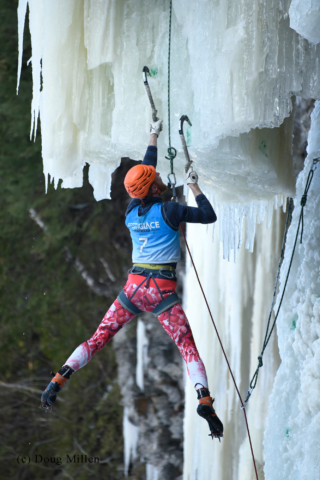 Dennis-Van-Hoek getting ready for a figure 4 to pull the overhang and into the ice cave.